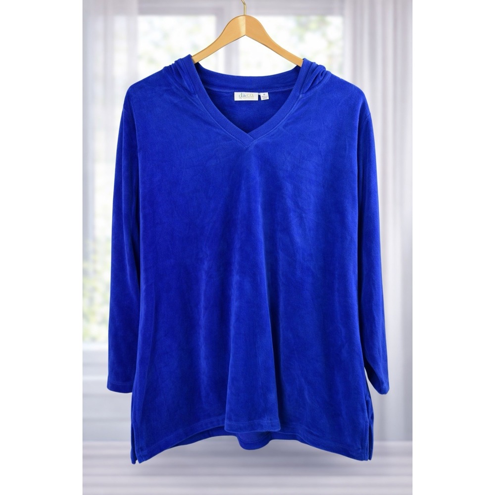 Denim & Co Blue Velour Hood Pullover Top Sweatshirt Pockets Cozy Soft Lounge 3x